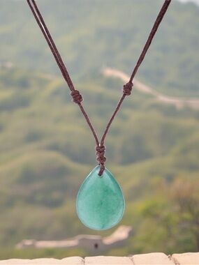 Natural Green Aventurine Teardrop Pendant Necklace - Handmade Cord Jewelry NEW